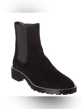 Stuart Weitzman Kolbie Chain-Trimmed Suede Chelsea Boots Black Pull On Sz 8.5